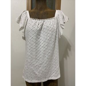 Joie Embroidered Ruffle Eyelet White Top, Size S, Cotton, Shoulder Cap Sleeves